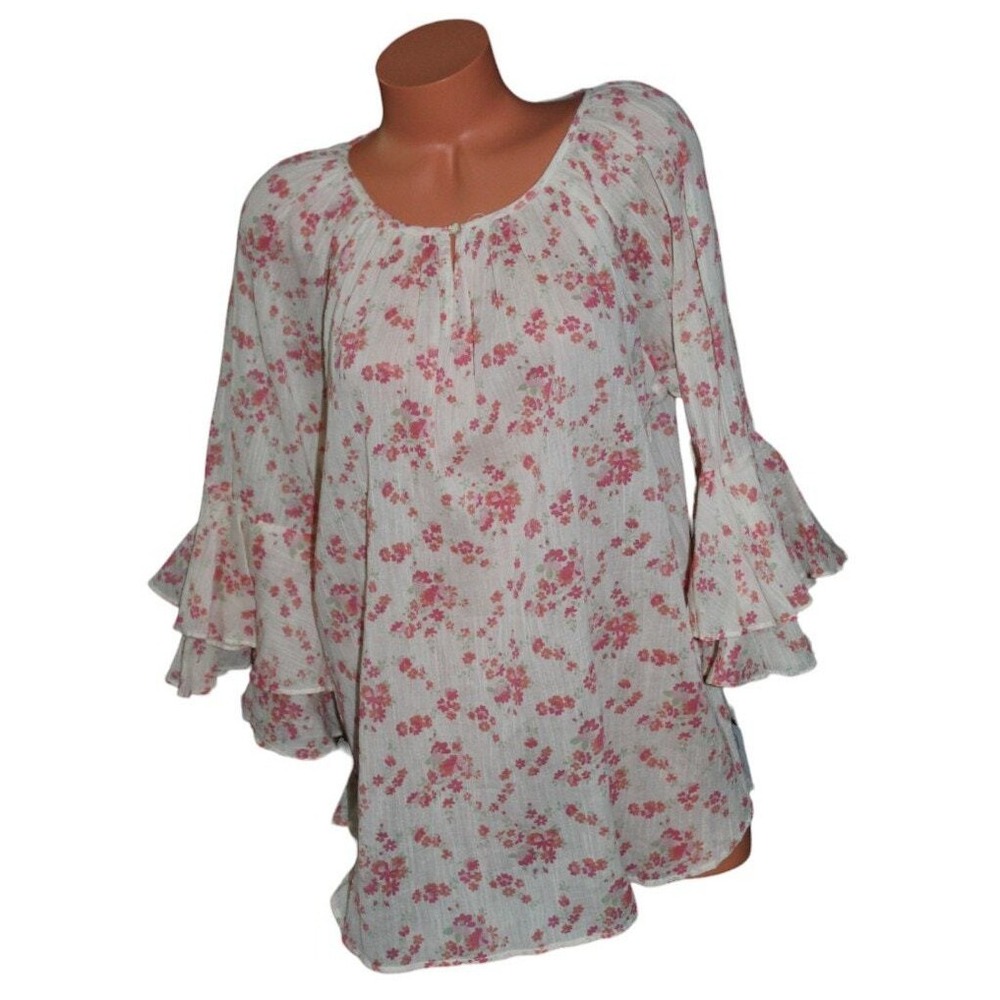 NEW Chaps Peasant Top Blouse Womens XL Crinkle‎ Floral Ruffle Bell Sleeve